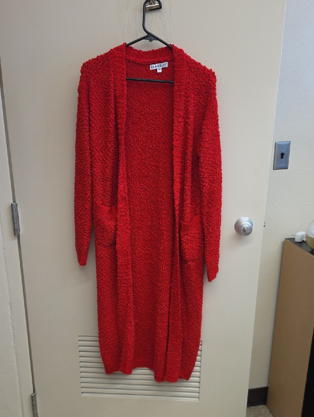 Long Open-Front Red Cardigan with Pockets by Black Rivet